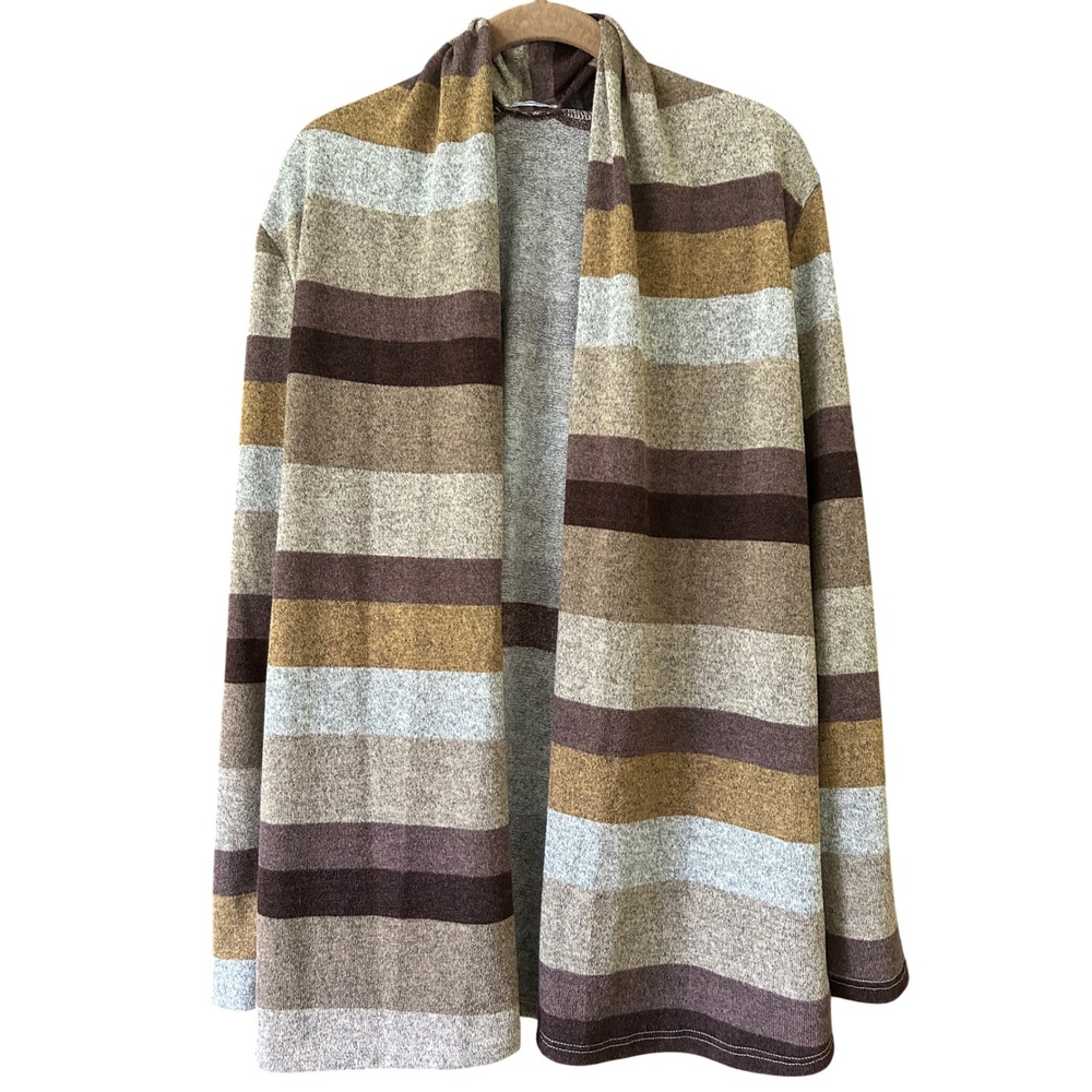 Eloges Womens Striped Open Front Cardigan Elbow Patches Neutral Lightweight S